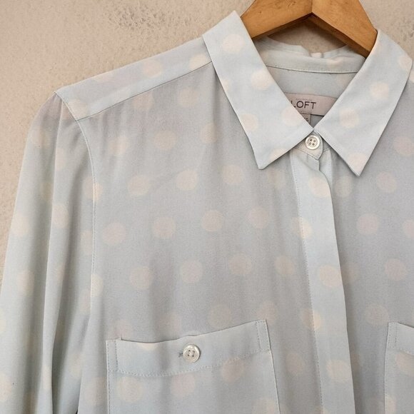 Loft Polka Dot Utility Blouse Blue Size Medium Sky Blue White Cream - Picture 2 of 5
